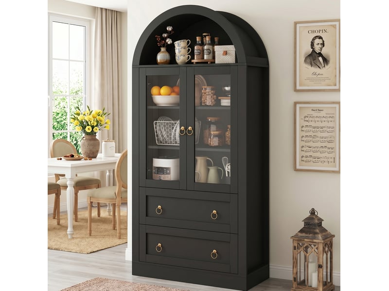  Buffet haut 80 x 36 x 170 cm avec 2 portes vitrées et 2 tiroirs, design arqué, noir  - Conforama D