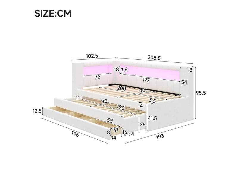  Lit banquette simple 90×200 cm avec lit gigogne, 3 tiroirs, led réglable et usb - okmyhome- blanc, sans matelas  - Conforama D