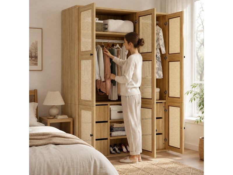 Armoire de chambre 135 x 47 x 200 cm, façade effet rotin, 6 tiroirs et 3 portes battante, 2 penderies, 4 étagères, chêne - Conforama B