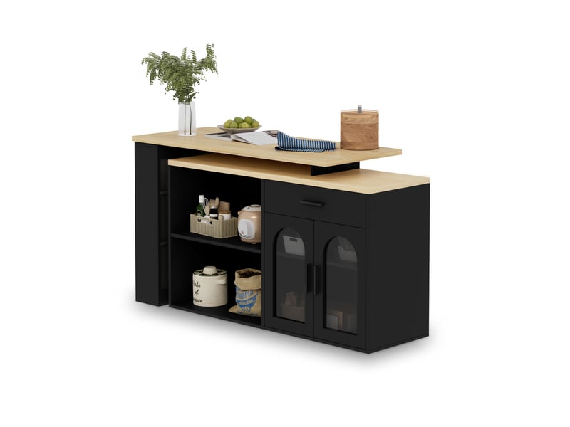  Buffet de cuisine avec 1 tiroir, étagères et plateau pivotant 360° pour cuisine, 136×50×78 cm, noir naturel  - Conforama A