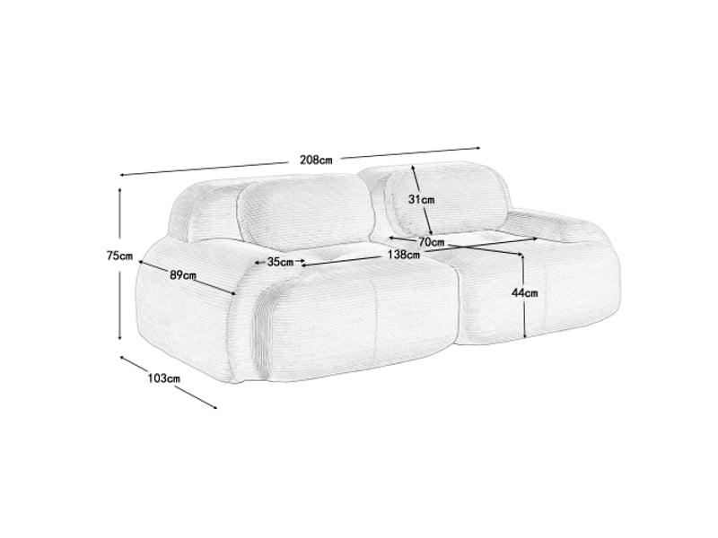  Canapé 2 places, modulaire combinable avec accoudoirs incurvés et dessous antidérapant, revêtement hautement élastique, noir  - Conforama D