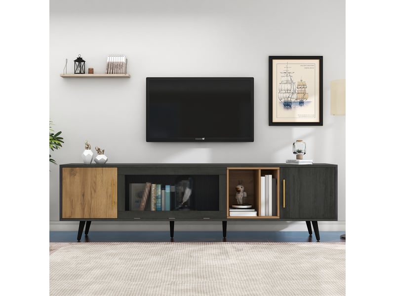 Meuble tv élégant effet bois foncé et gris 200x40x55,5 cm pour tv jusqu'à 90 pouces avec rangement - Conforama B