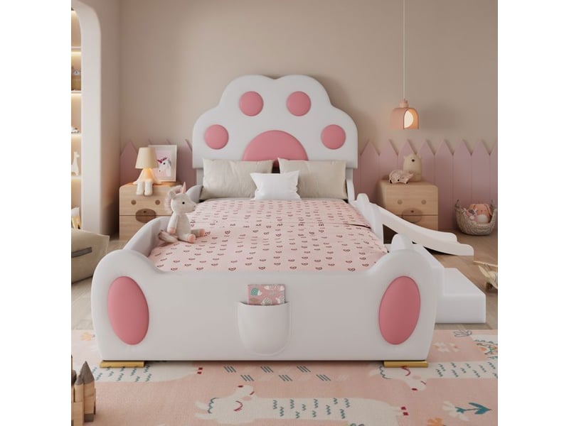 Lit enfant capitonné avec toboggan - tête de lit patte de chat - 90x200 cm - blancrose - surface en pu - échelle à deux niveaux 210x176x97cm - Conforama B