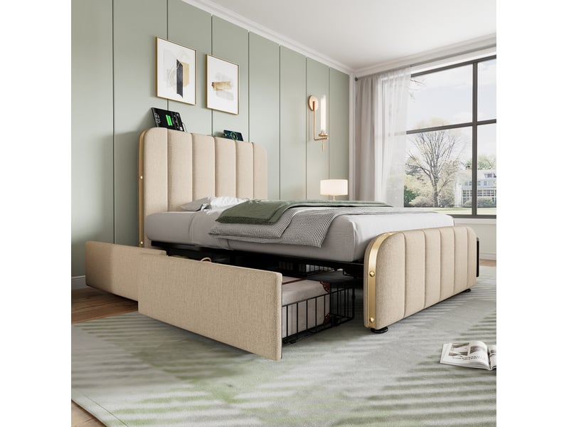  Lit simple, 90x200 cm, sommier à lattes, tête de lit haute, usb type c, avec 4 tiroirs, matelas inclus, coloris beige  - Conforama D