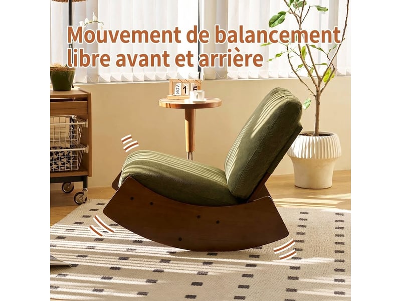  Fauteuil à bascule confortable en velours côtelé vert, chaise à bascule en bois massif pour salon et chambre, 90x61,5x71,9 cm  - Conforama E