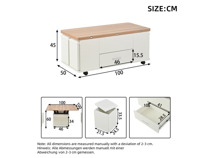  Table basse relevable - table de salon multifonctionnelle 4 en 1 - avec con 4 tabourets e rangement caché - blanc et bois  - Conforama C
