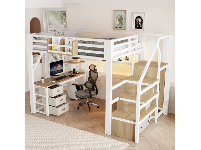  Lit mezzanine 140 × 200 cm en métal avec bureau, 3 tiroirs, étagères, penderie, escalier de rangement et led  - Conforama E