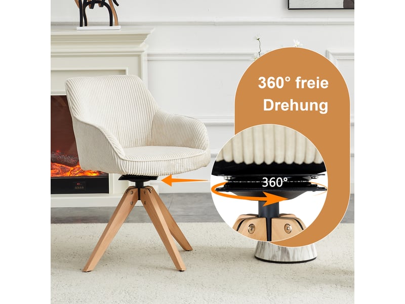  Chaises de salle à manger lot de 2 pivotantes 360° avec accoudoirs  - velours, bois massif - blanc cassé  - Conforama E