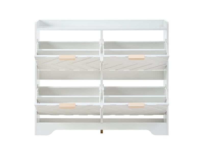  Meuble à chaussures, range-chaussures gain de place pour entrée et couloir, 4 abattants avec façade texturée 3d et poignées dorées en mdf, blanc  - Conforama D