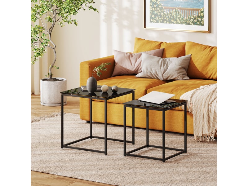  Tables basses gigognes lot de 2 empilables en verre pour salon 50×50×52 et 42×42×42 cm acier noir  - Conforama B