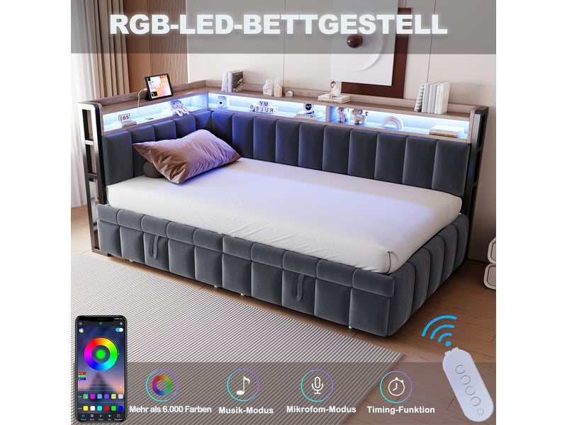  Lit banquette 90x200 cm éclairage led usb et usb-c sommier à lattes velours lit gigogne gain de place gris foncé OPULERANE TRADING LTD - Conforama E