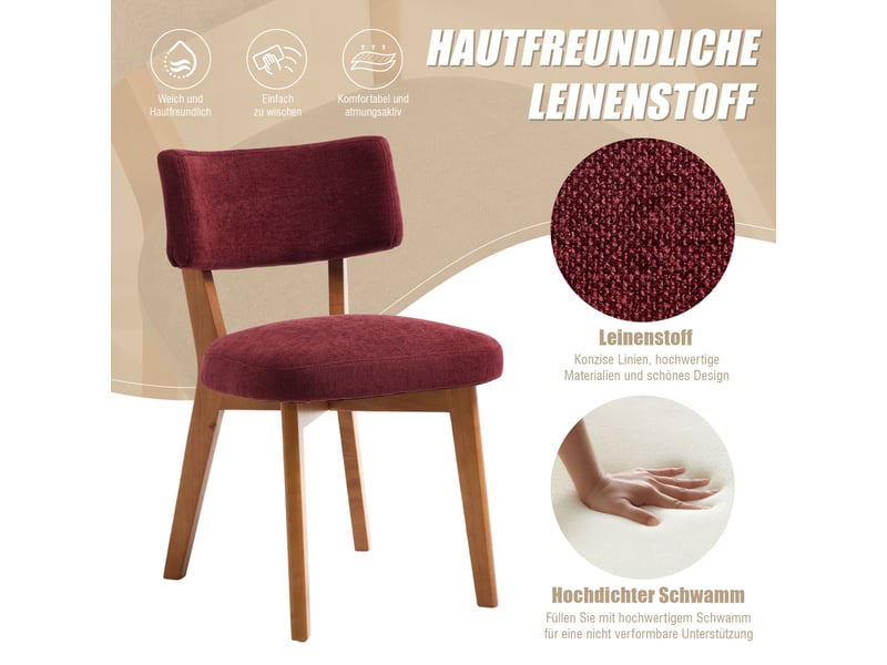 Lot de 2 chaises rouge vin en lin, style milieu du siècle, pieds bois massif, assise rembourrée, cuisine, salle à manger, bureau  - Conforama C
