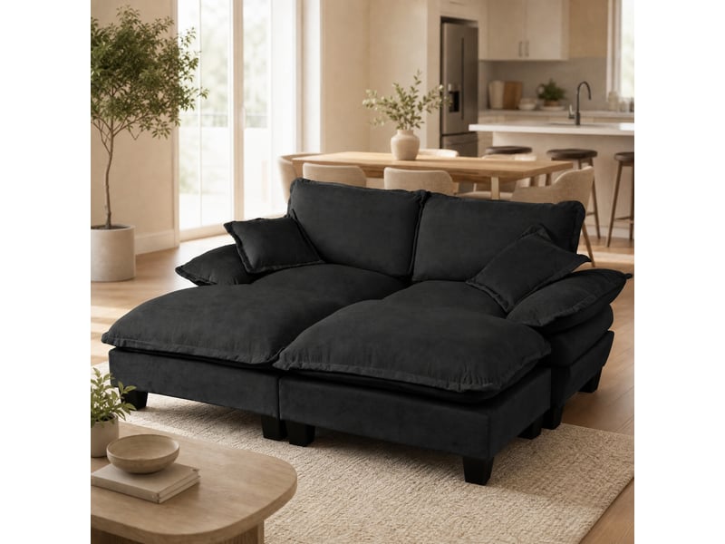  Canapé d'angle modulable 4 places noir en chenille avec 2 poufs mobiles et 2 coussins  - Conforama B