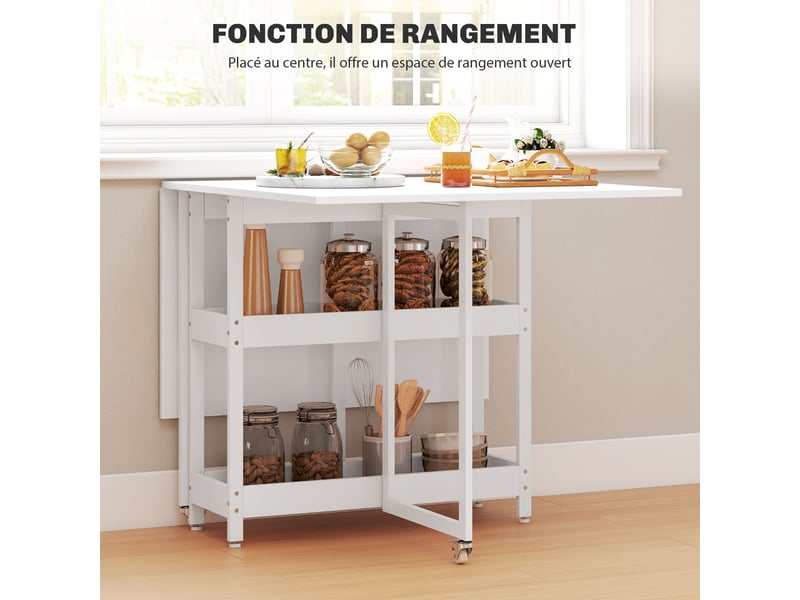 Table à manger pliante sur roulettes 4 personnes avec compartiments ouverts, pour petits espaces, blanc, salle à manger - Conforama E