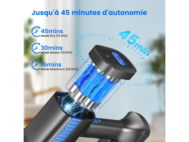  Aspirateur balai sans fil bleu avec écran led, brosse rouleau souple, aspiration 26 kpa, autonomie jusqu'à 45 min  - Conforama C