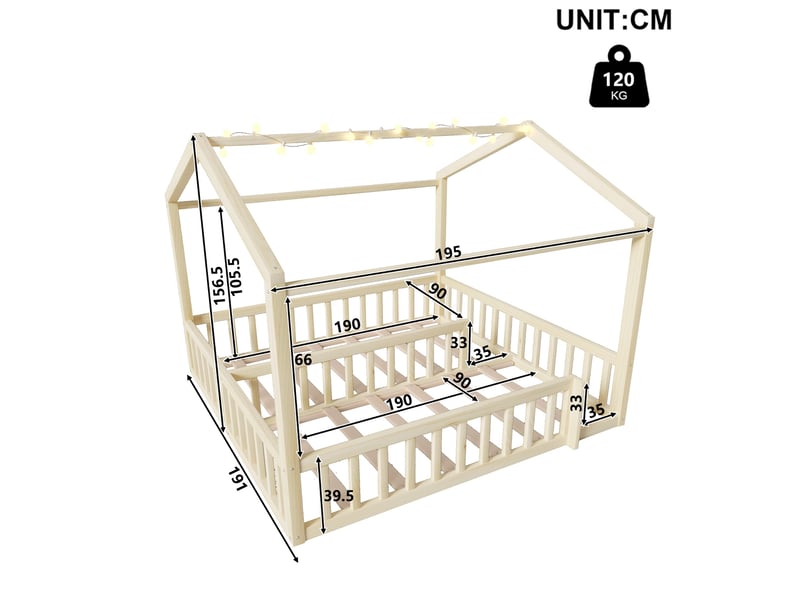  Lit cabane enfant 2 x 90x190 cm transformable en lit 180x190 cm, en pin et mdf naturel, avec barrières de sécurité et éclairage led IKSETERA TRADING LTD - Conforama C