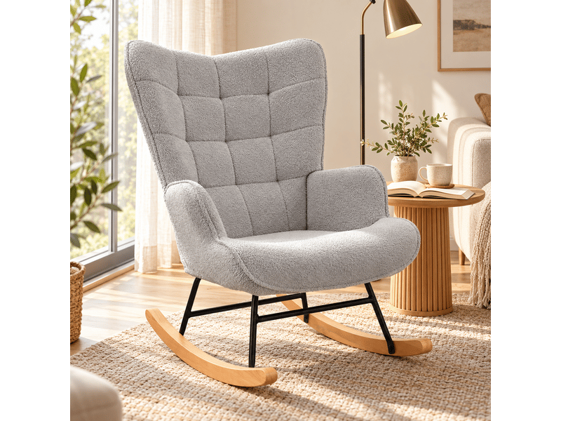  Chaise à bascule, fauteuil a bascule avec polaire sherpa, allaitement fauteuil pour salon, chambre, balcon, gris clair  - Conforama A