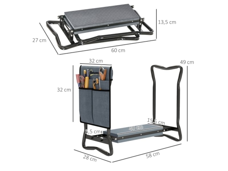Banc à genoux jardin pliable, coussin, sacs à outils, 150 kg, 58x28x49 cm, gris - Conforama C