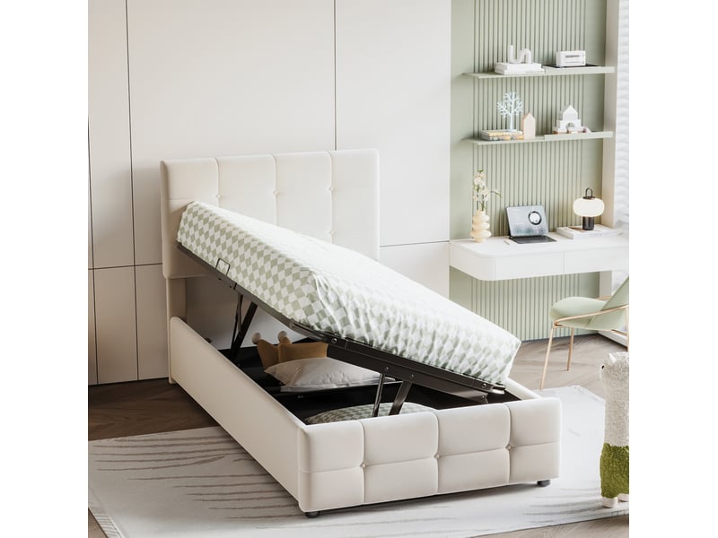 Lit coffre enfant 90x200 cm en velours beige à tête de lit réglable - Conforama B