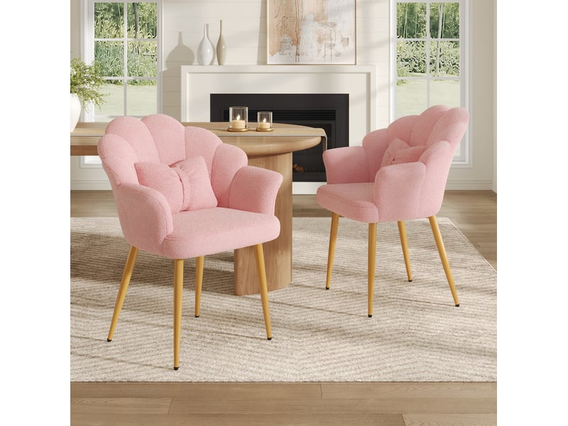  Lot de 2 fauteuils de salle à manger à dossier pétale en tissu teddy rose  - Conforama B
