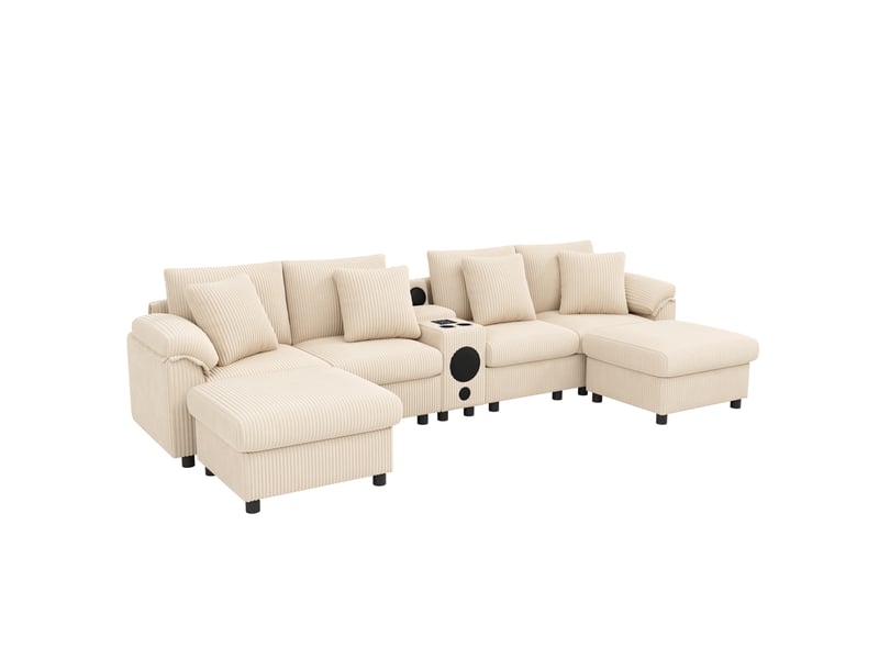  Canapé droit 315,5x144x84,5cm 4 places, 2 poufs inclus, console multimédia bluetooth, revêtement velours côtelé, beige  - Conforama A