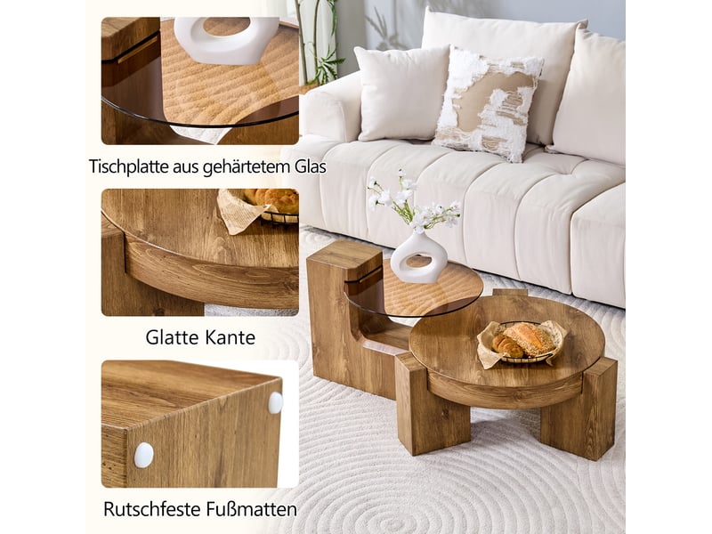  Set de tables basses gigognes rondes – mdf aspect chêne et verre teinté brun – ø 61 cm  - Conforama E