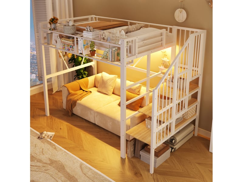 Lit mezzanine 90 × 200 cm avec échelle-étagère, rangement ouvert et bande led en métal et mdf blanc - Conforama E