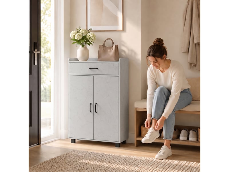  Meuble à chaussures, armoire à chaussures avec 2 portes, tiroir, 5 compartiments et étagères réglables, gris  - Conforama C