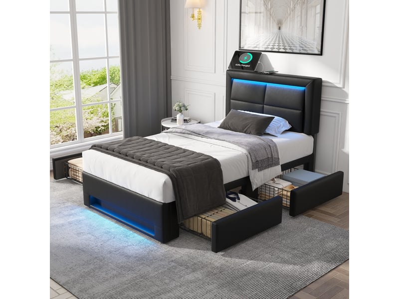  Lit 1 place 90x190 cm avec led, recharge usb et sans fil, 4 tiroirs, noir  - Conforama D