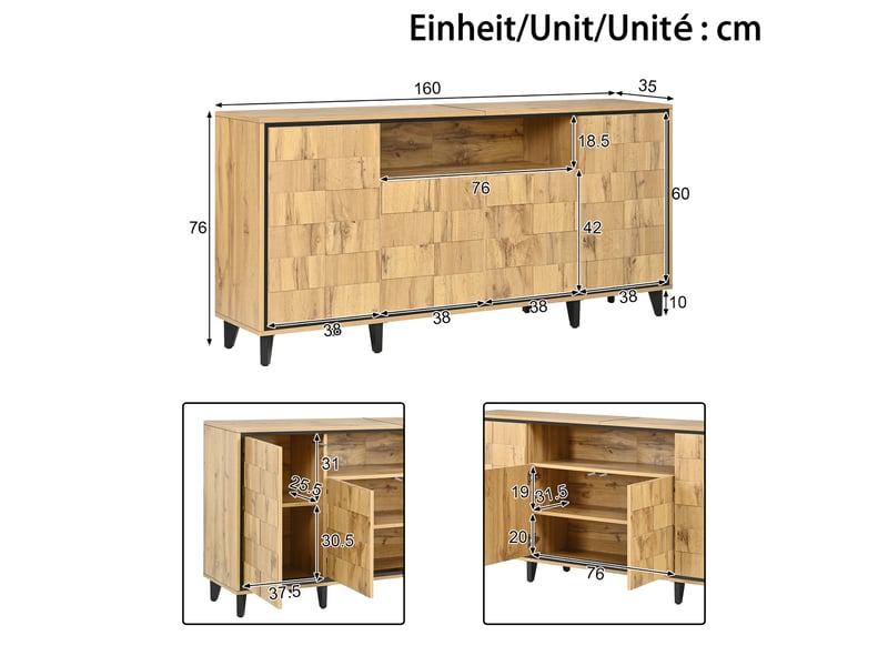  Buffet à 4 portes avec façade 3d structurée et niche ouverte, meuble de rangement sans poignées pour salon, salle à manger ou entrée, bois et noir Seren Glow - Conforama C