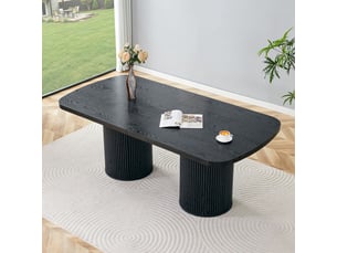 Table à manger plateau mdf aspect bois table de cuisine plateau ovale pied colonne rainuré style wabi-sabi style mid-century