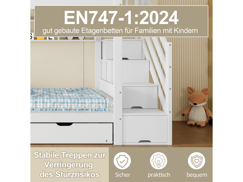  Lit superposé enfant 90x200 cm blanc, lit avec étagères de rangement, armoire et lit gigogne, structure en bois massif.  - Conforama E