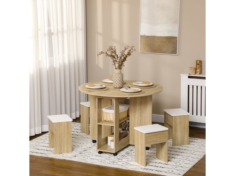  Ensemble table et chaises 5 pièces en panneaux de particules, table ronde avec 2 étagères ouvertes et 4 tabourets modernes  - Conforama D