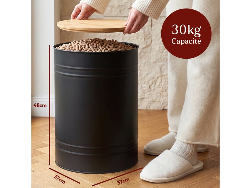 Casabel réservoir pellets &amp; granulés rond, cap. 30kg, métal noir, couvercle bambou, compact &amp; élégant, pour poêle  - Conforama B