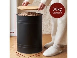 Casabel réservoir pellets & granulés rond, cap. 30kg, métal noir, couvercle bambou, compact & élégant, pour poêle
