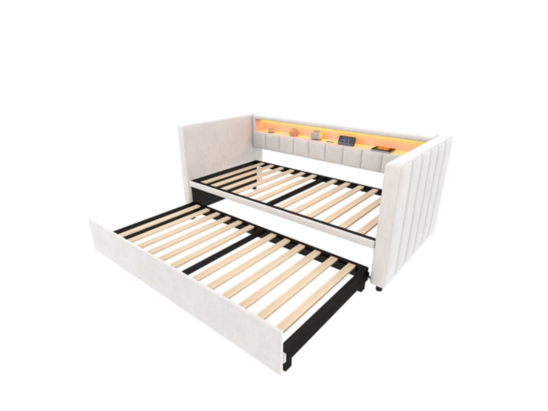 Lit gigogne 90x190 cm avec port usb type-c, éclairage led, étagères de rangement, en velours, sans matelas, beige - Conforama E