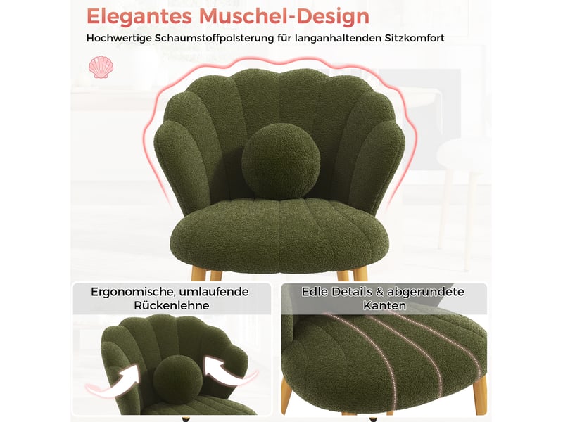  Chaises de salle à manger lot de 2 avec dossier coquillage et coussins ronds, pieds en métal doré, tissu bouclette vert  - Conforama E