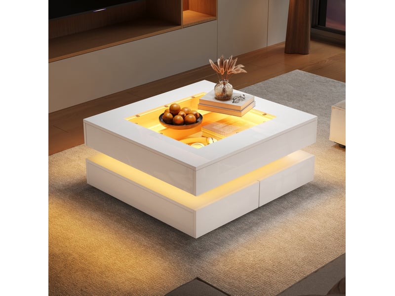  Table basse carrée 70x70x35 cm led intégrée 3 tiroirs plateau verre trempé laqué brillant panneau de particules blanc  - Conforama D