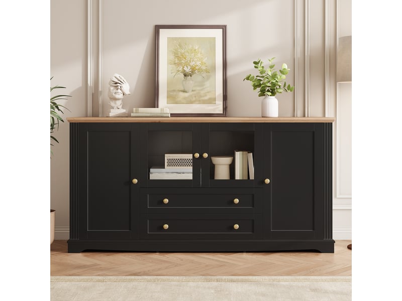  Buffet bas 160 x 40 x 80,5 cm en mdf avec led pilotable par application, 4 portes dont 2 vitrées et 2 tiroirs - noir Fay Lum - Conforama B