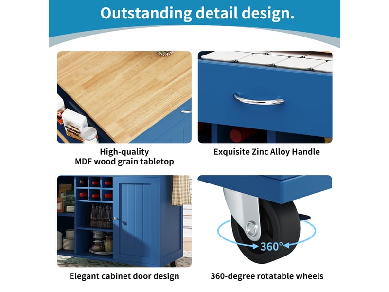  Desserte de cuisine à roulettes avec rangements réglables et porte-bouteilles, en mdf et métal bleu, 102×45×92 cm  - Conforama E