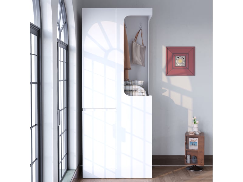  Armoire 2 portes 70x40x170 cm, espace penderie ouvert, 2 tiroirs, bois, couleur blanc, design moderne et minimaliste  - Conforama E