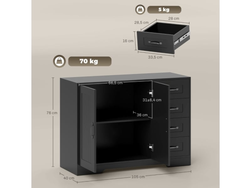  Buffet noir contemporain – 4 tiroirs et 1 porte, meuble salon 105×40×76 cm – à retirer sur place  - Conforama C