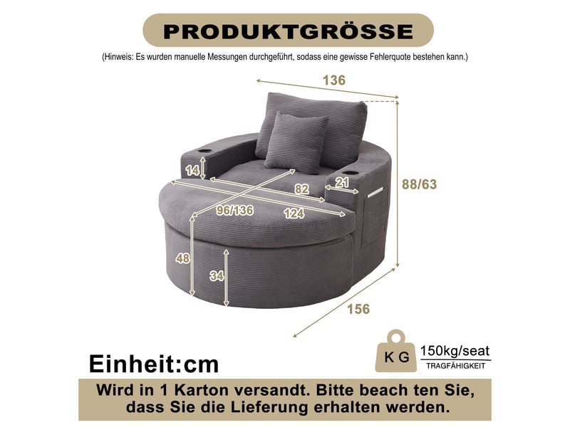 Fauteuil 1 places - 136x156x88 cm - fauteuil poire indépendant en velours côtelé avec ottoman, porte-gobelets - gris - Conforama E