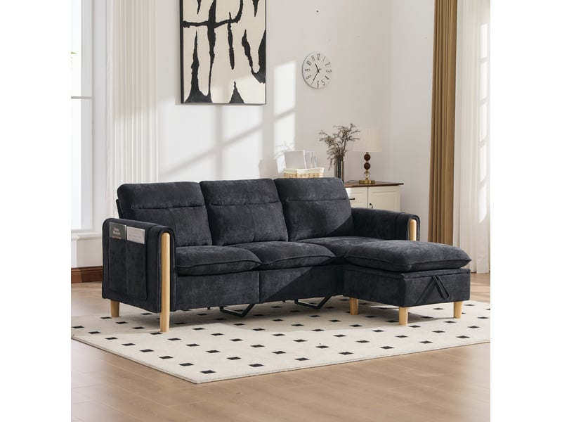 Canapé droit 3 pl 201x77x86 cm poches latérales et pieds en bois, coffre intégré, tissu chenille noir, pour le salon - Conforama B