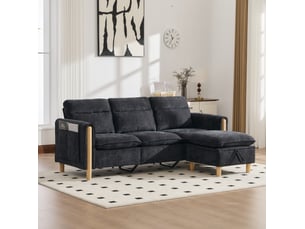 Canapé droit 3 pl 201x77x86 cm poches latérales et pieds en bois, coffre intégré, tissu chenille noir, pour le salon