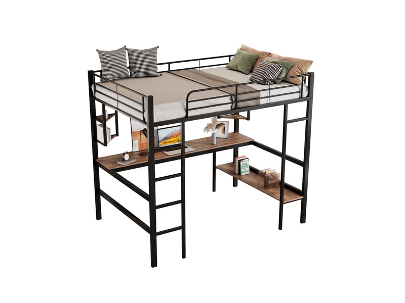  Lit mezzanine 90 x 200 cm en métal noir avec bureau, bibliothèque et 4 étagères, échelle et barrières pour chambre  - Conforama A