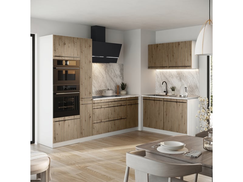  Vicco cuisine en angle, chêne artisanblanc, 230 x 120 cm plan de travail marbre  - Conforama C