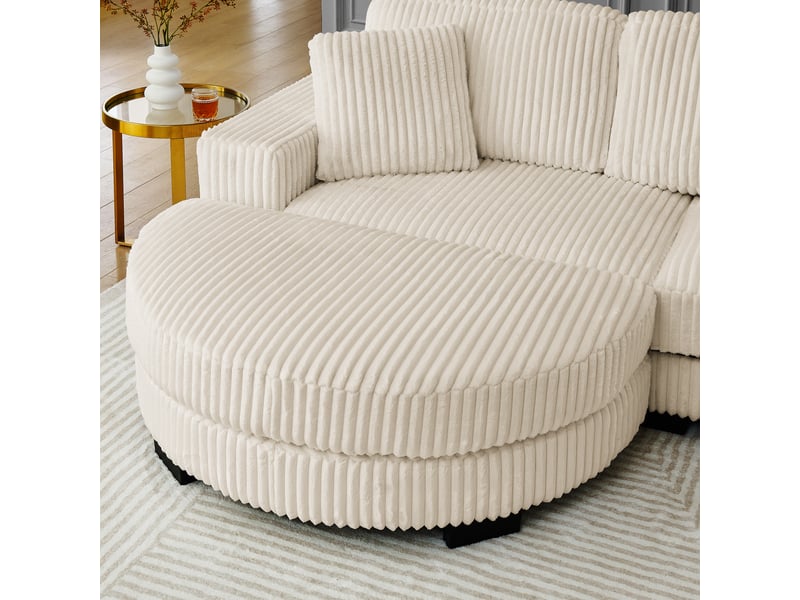  Canapé d'angle modulable 4 places avec pouf ovale réversible, tissu velours côtelé beige, structure bois eucalyptus  - Conforama E