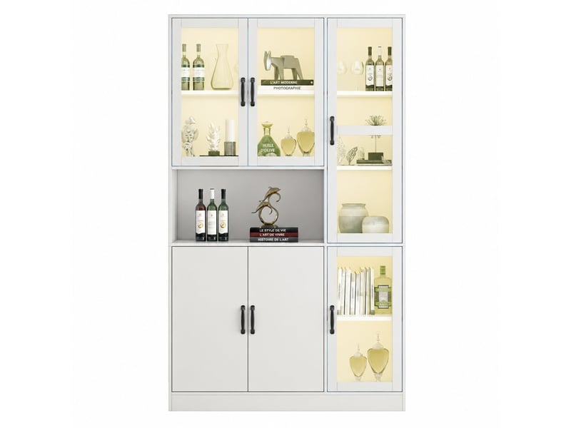 Vitrine led avec 6 portes, 9 compartiments et 4 étagères réglables, 120 x 40 x 200 cm, blanc - Conforama A