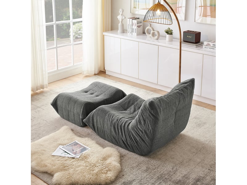  Fauteuil lazy gris en tissu bouclette avec repose-pieds, dossier et mousse haute résilience pour se détendre  - Conforama E